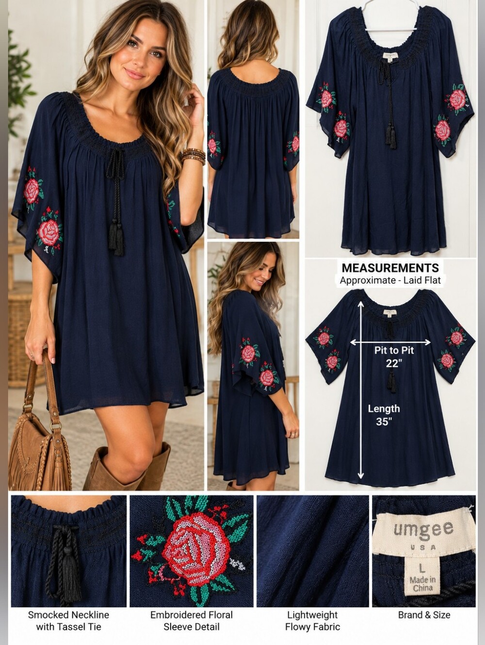 Umgee Navy Embroidered Floral Smocked Neckline Tunic/Dress